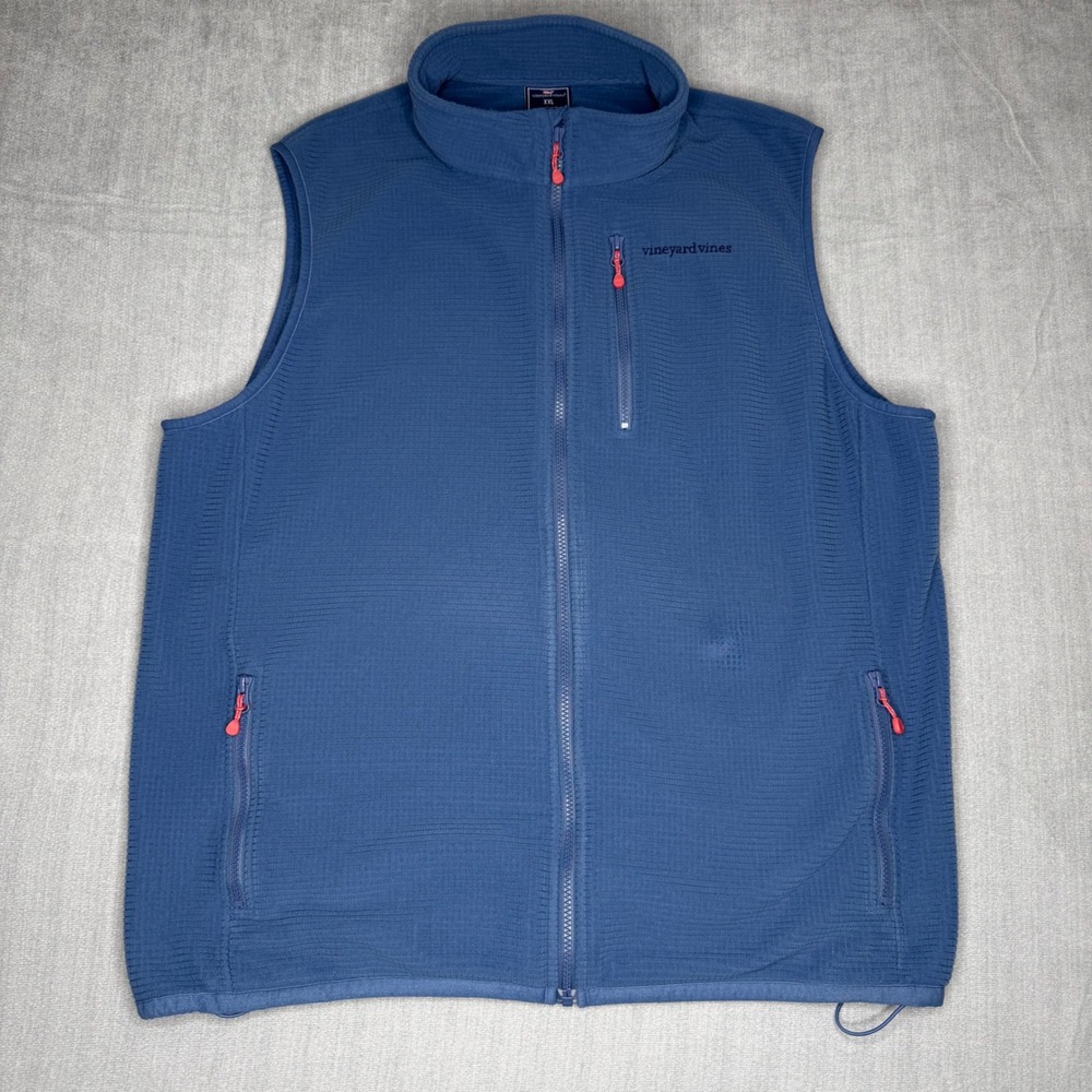 Vineyard Vines Mens XXL Blue Grid Fleece Full Zip Vest Waffle Knit Mock Neck